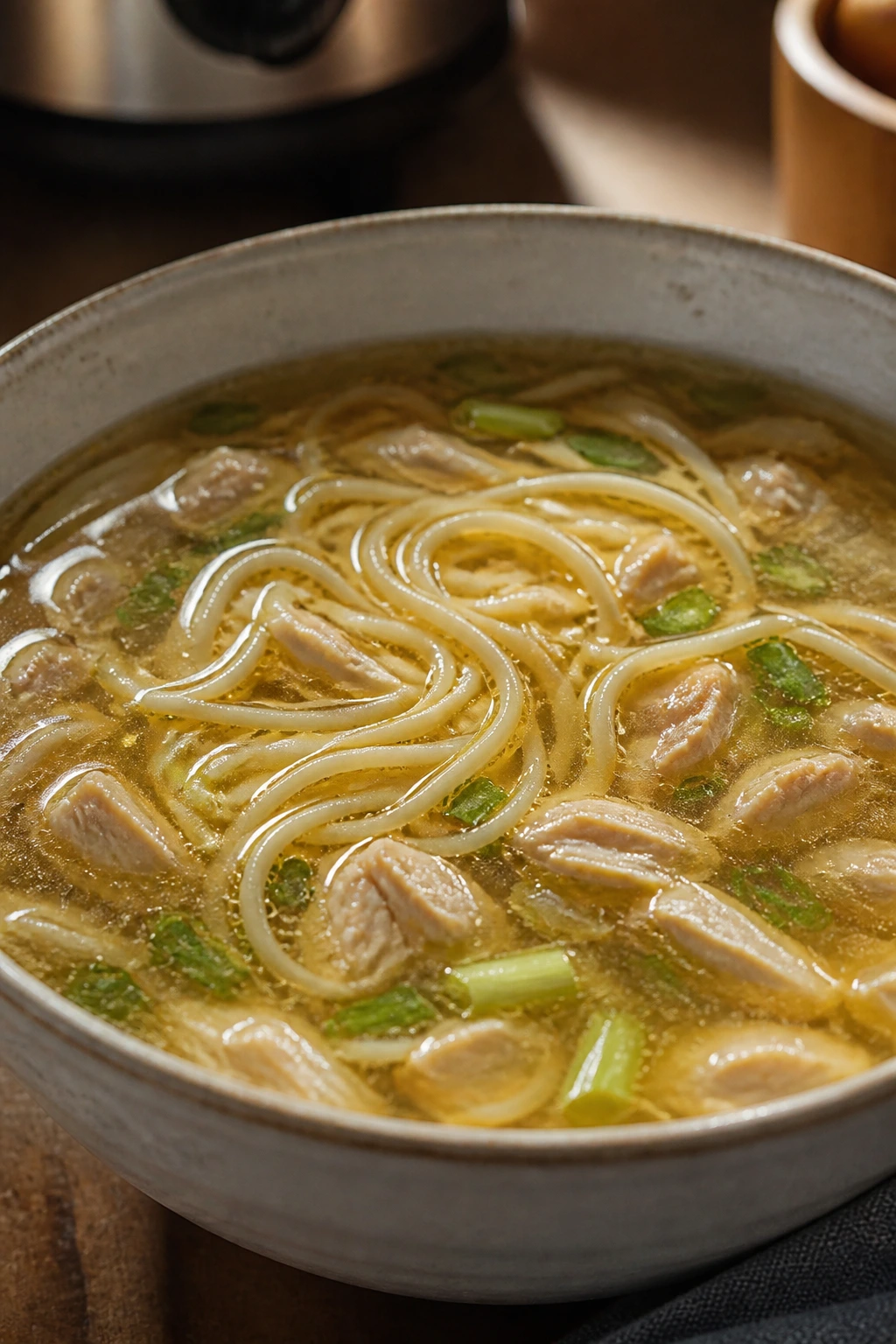 Noodles kept al dente in broth, avoiding mushiness.