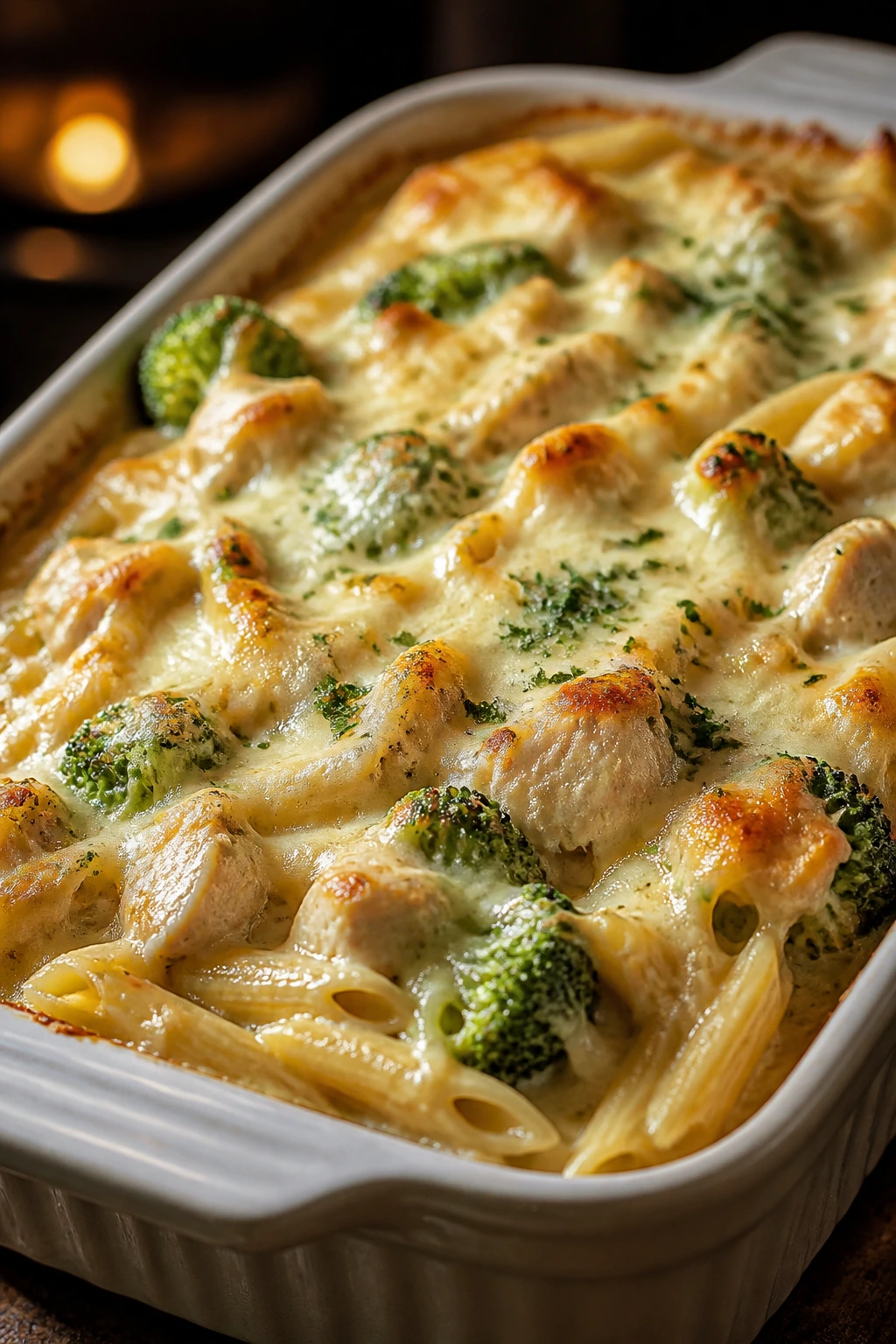 Close-up casserole with chicken, broccoli, and Alfredo sauce