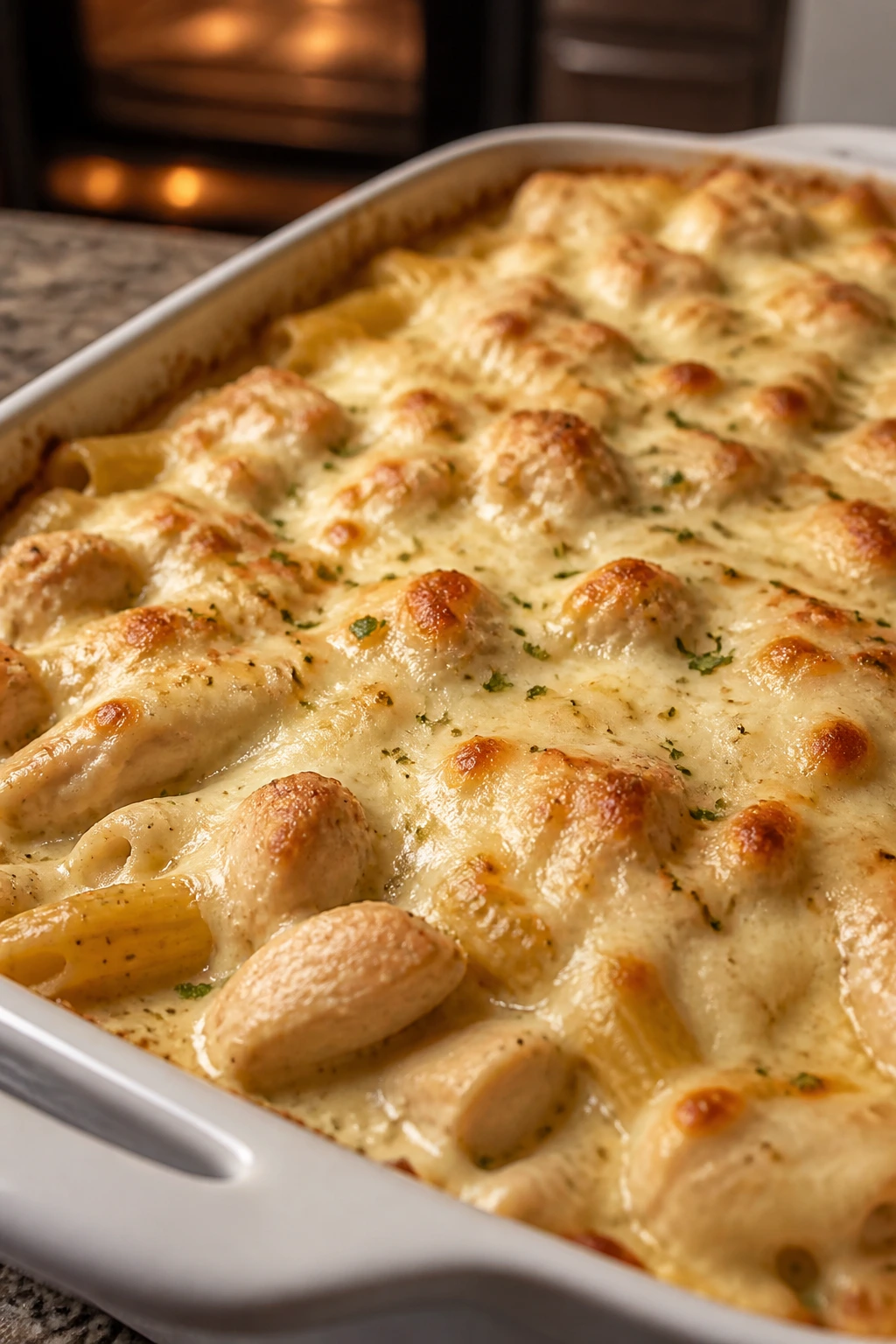 Creamy chicken alfredo bake with melted mozzarella topping
