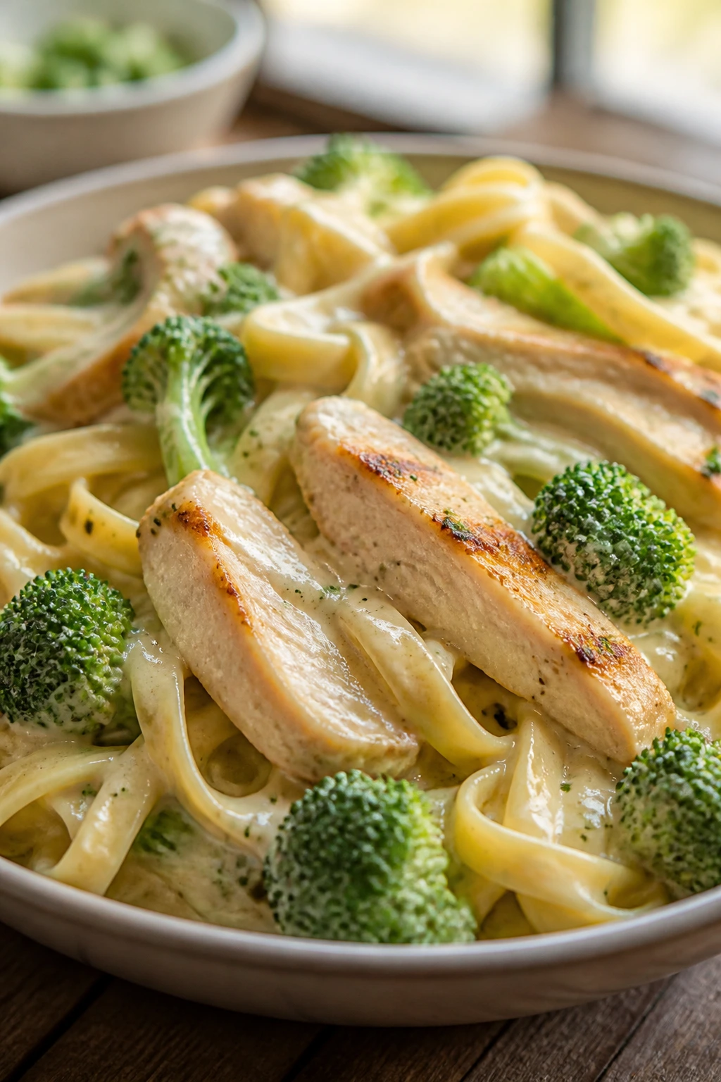 Creamy chicken broccoli alfredo with pasta on plate