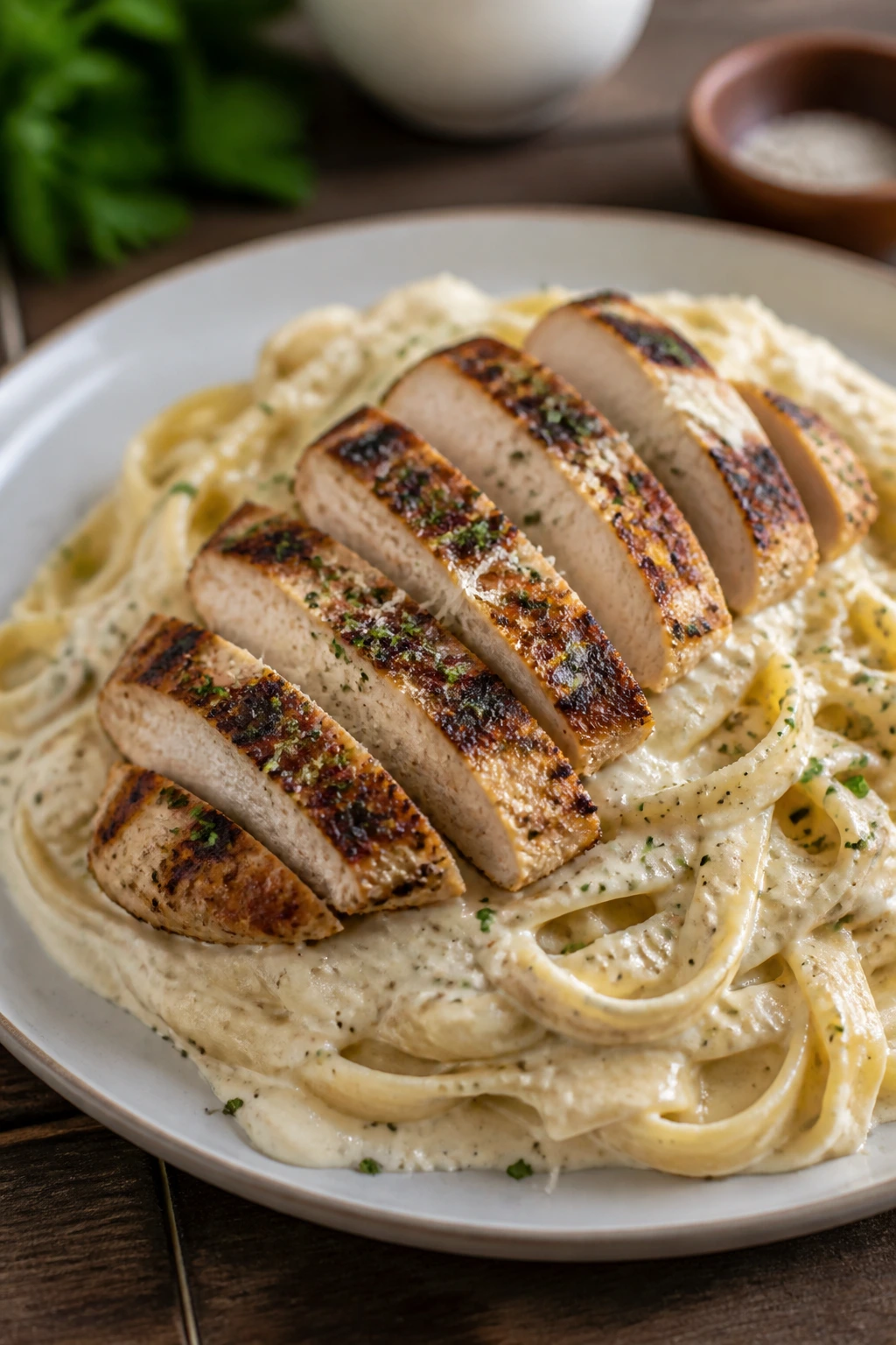 Plate of fettuccine Alfredo with grilled chicken and cottage cheese sauce