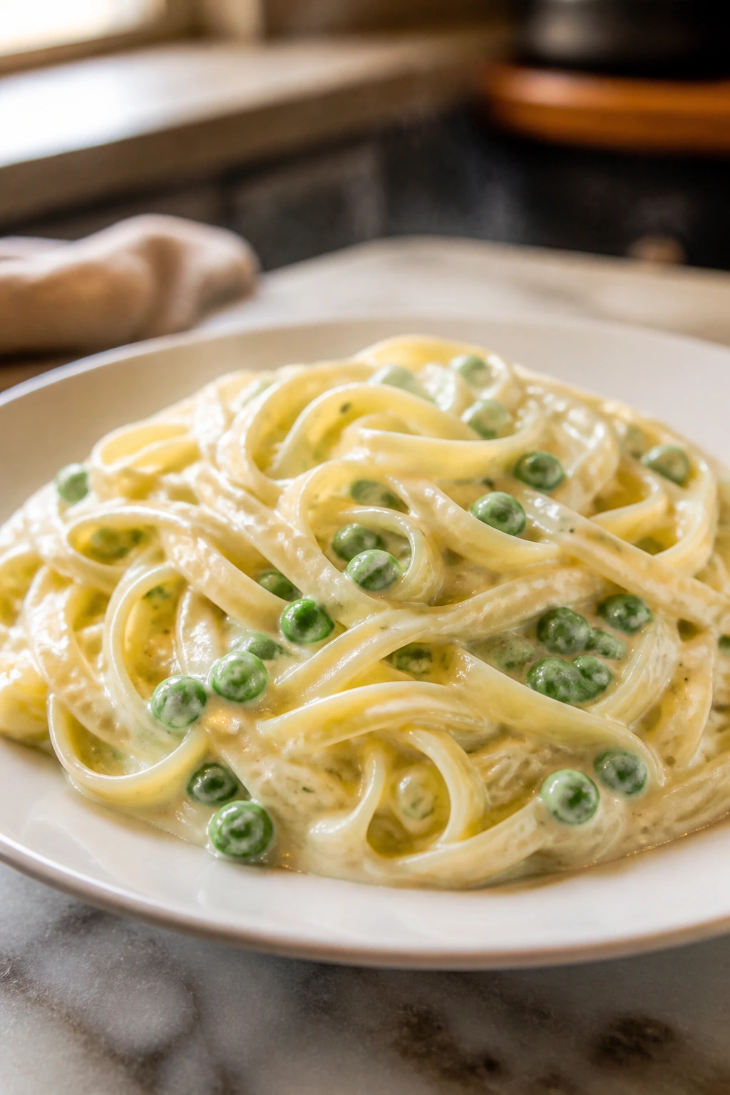 Creamy Alfredo pasta with peas on a plate in warm kitchen light
