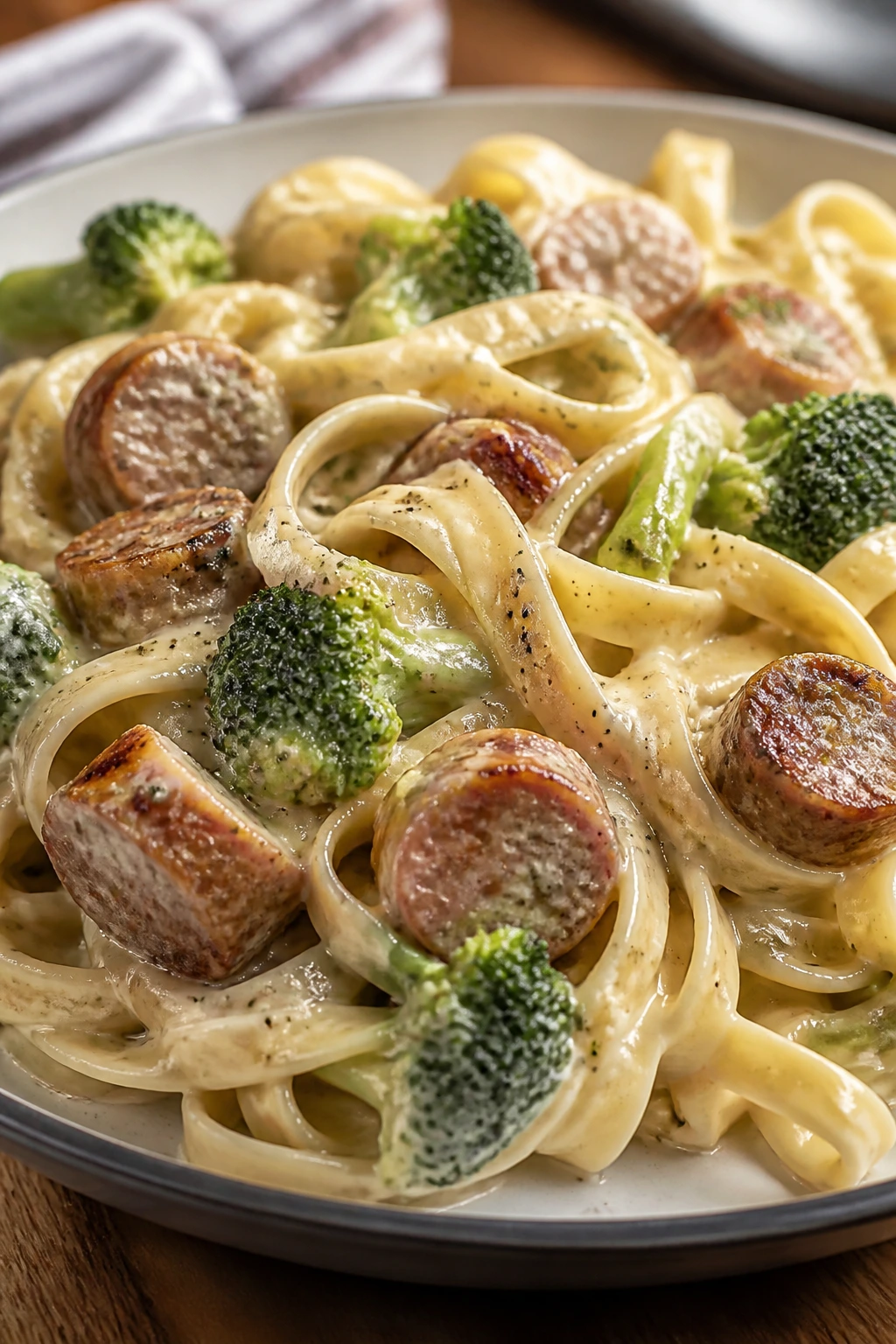 Pasta with sausage and broccoli in Alfredo sauce on plate.