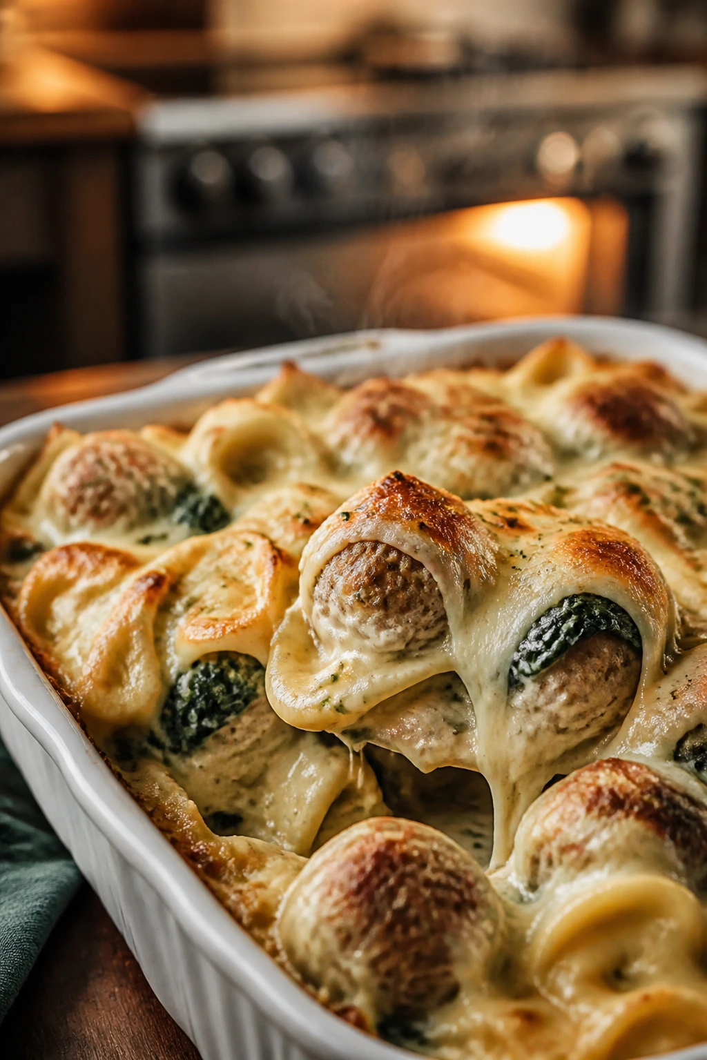 Steaming Alfredo meatball tortellini bake in a baking dish with melted cheese