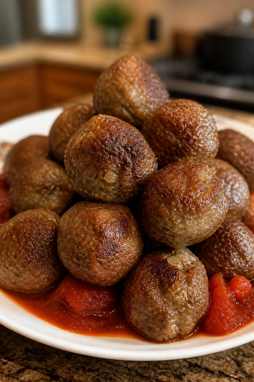 Juicy all-beef meatballs in marinara sauce on plate