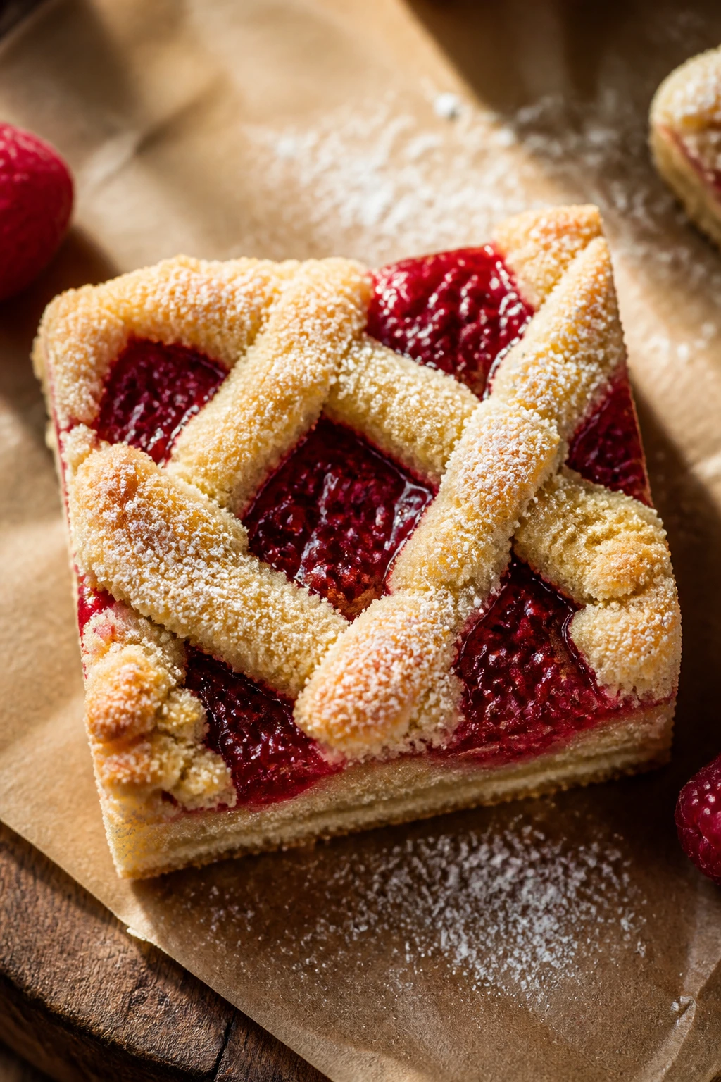 Close-up of an almond raspberry linzer bar square with jam visible on a wooden board