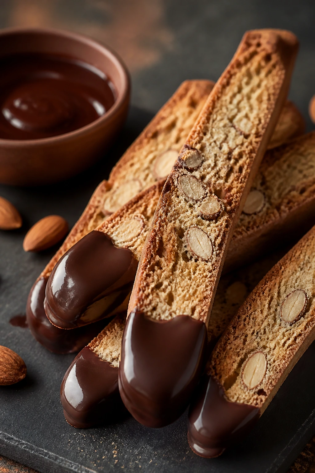 Almond biscotti with chocolate dip close-up on slate surface