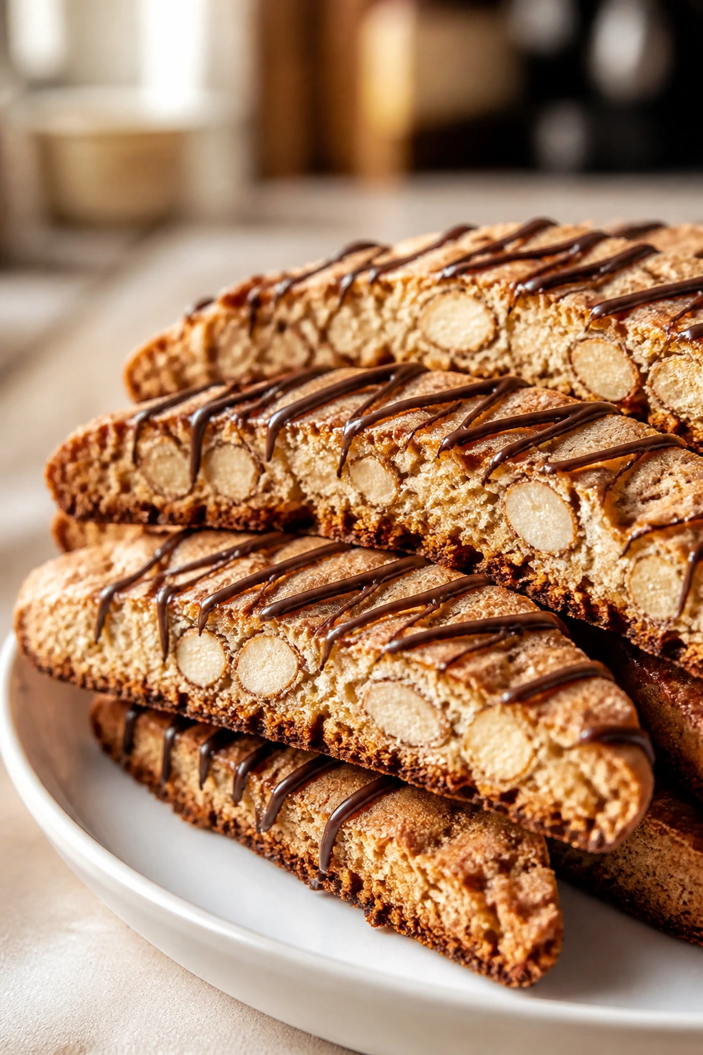 Biscotti with chocolate drizzle on plate in warm kitchen