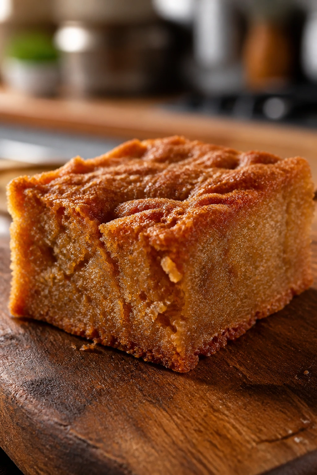 Close-up of almond butter blondie square on a wooden board
