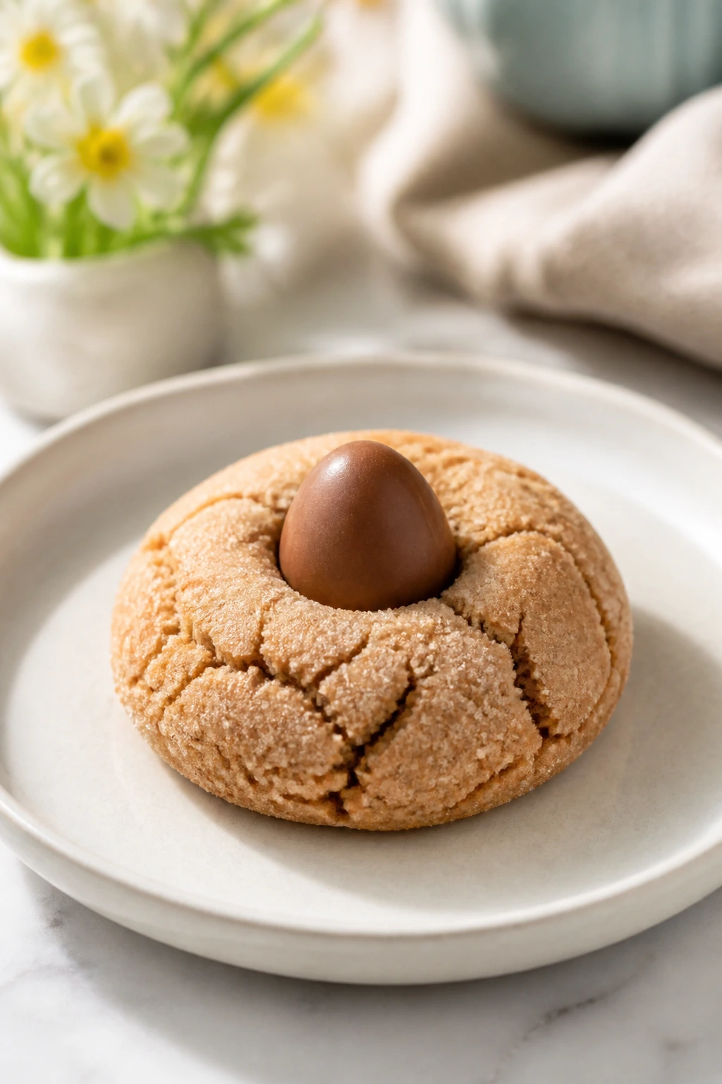 Close-up of an almond butter blossom cookie with a mini chocolate egg on top.