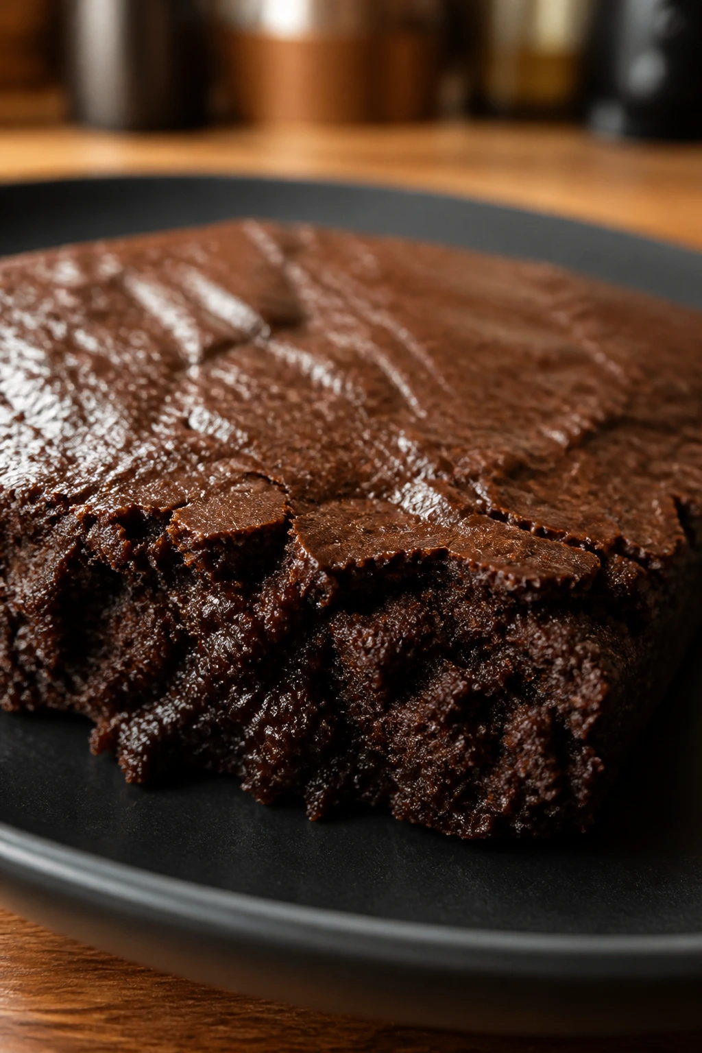 Dense almond butter protein brownie on a dark plate