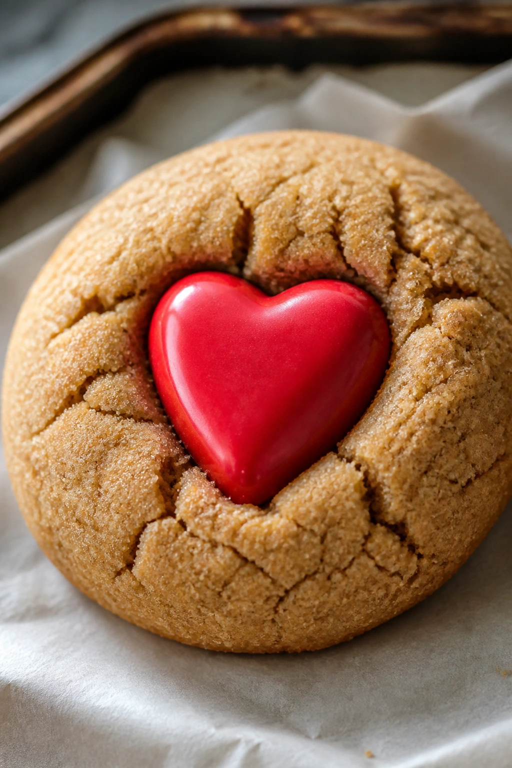 Close-up of almond butter blossom cookie with heart candy center on parchment.