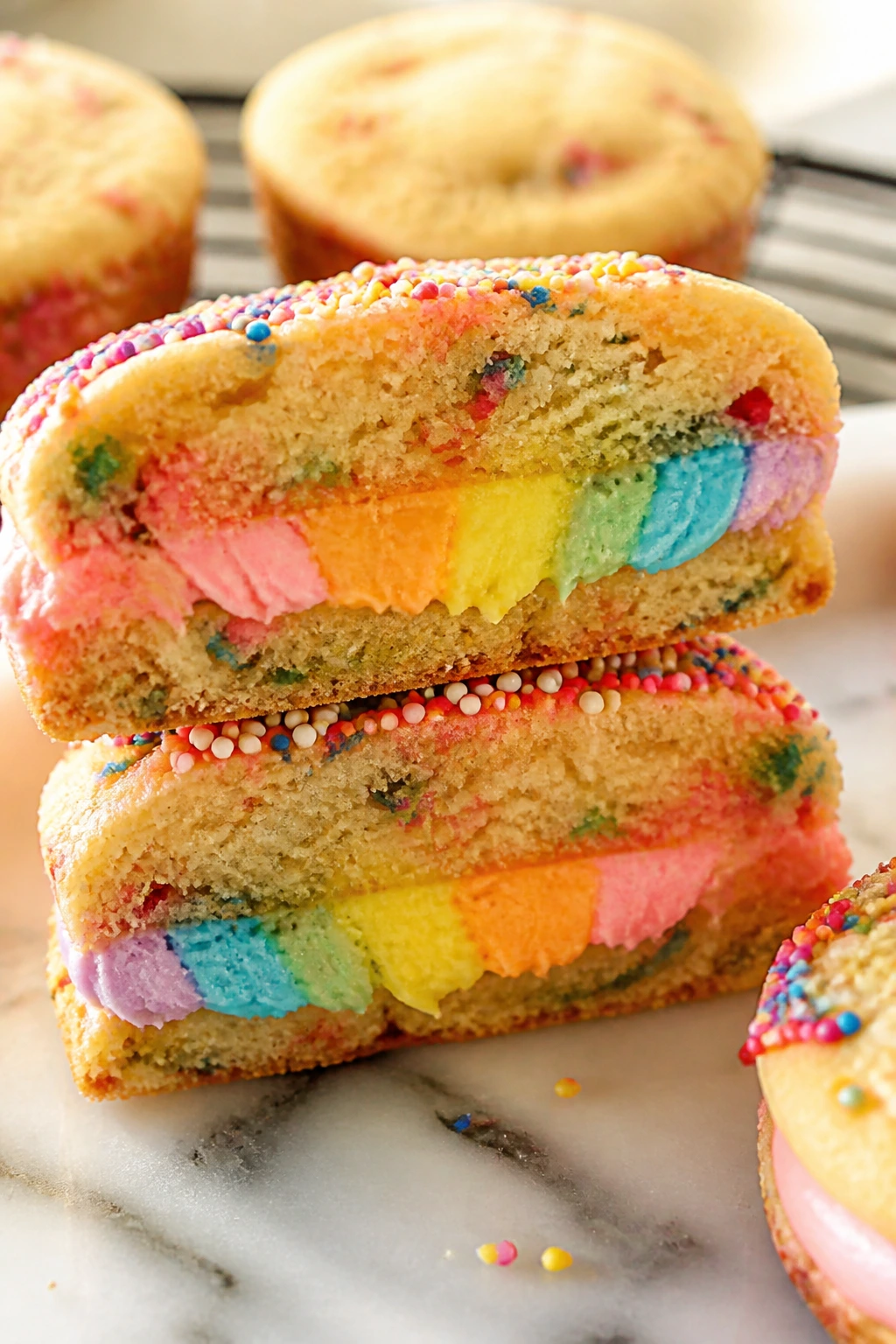 Cross-section of almond butter rainbow sandwich cookie with colorful filling