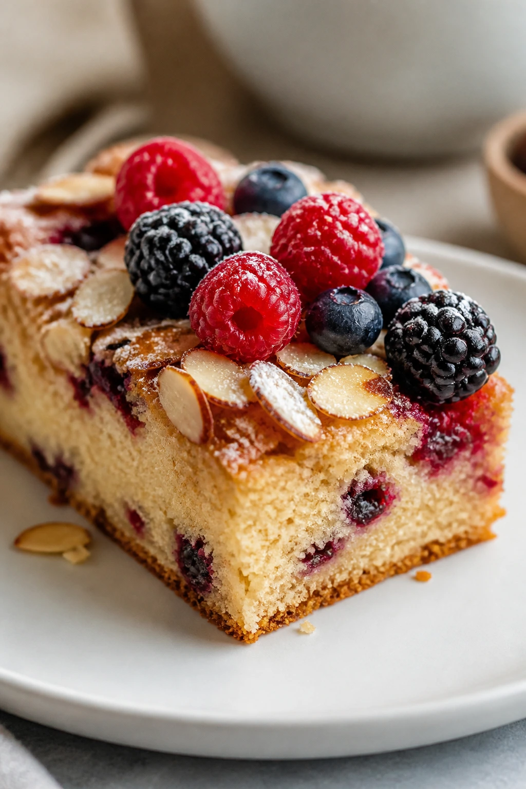 Close-up of almond cake slice with berries on top