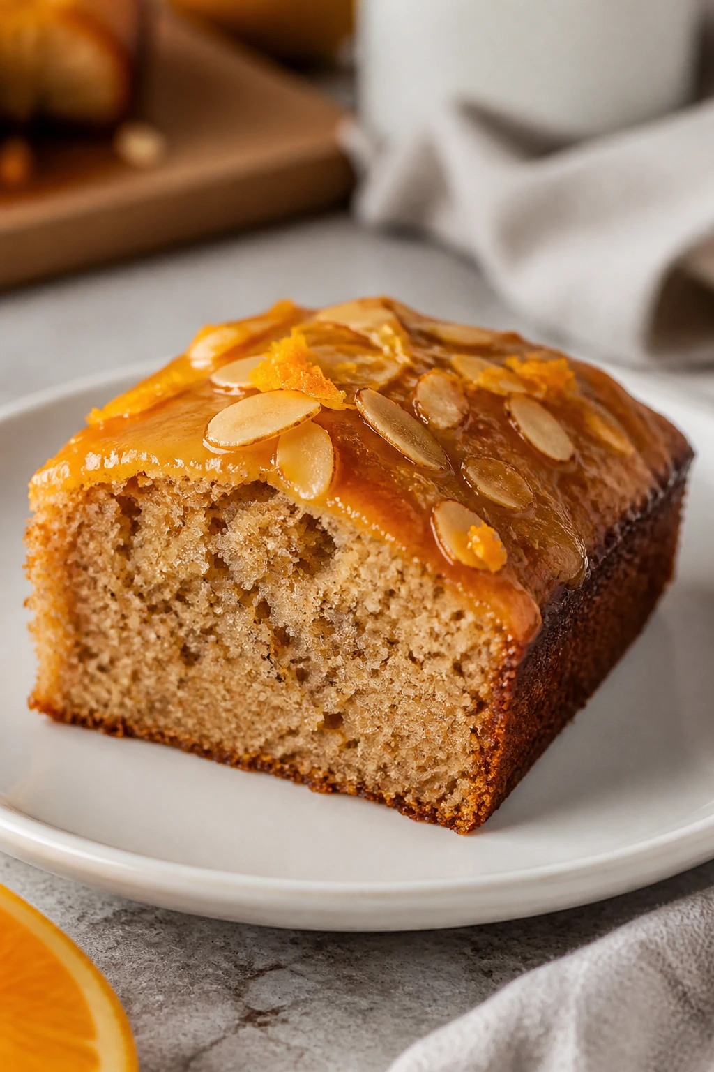 Close-up of spiced almond cake slice with orange glaze