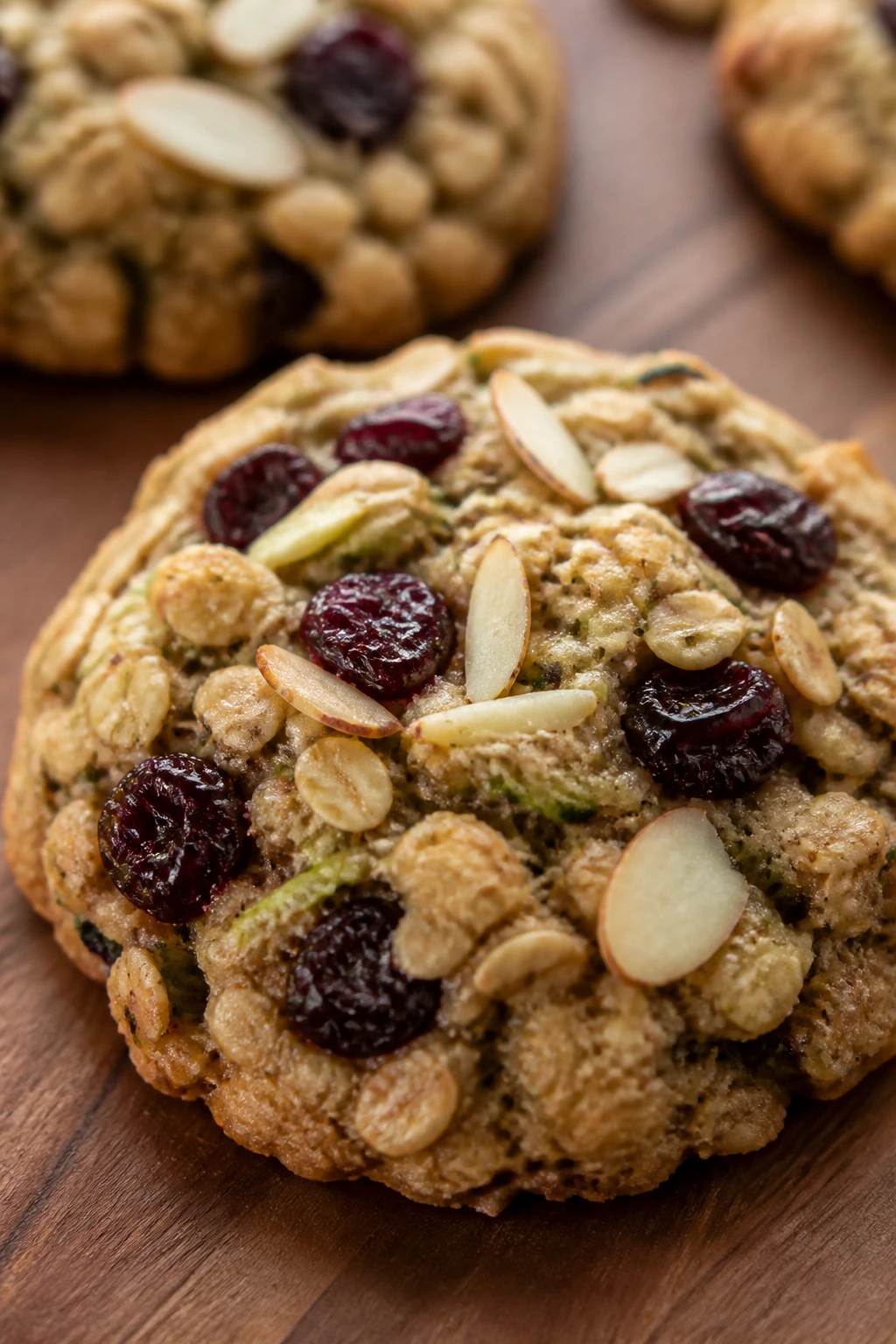 Close-up of an almond cherry zucchini oatmeal cookie with cherries
