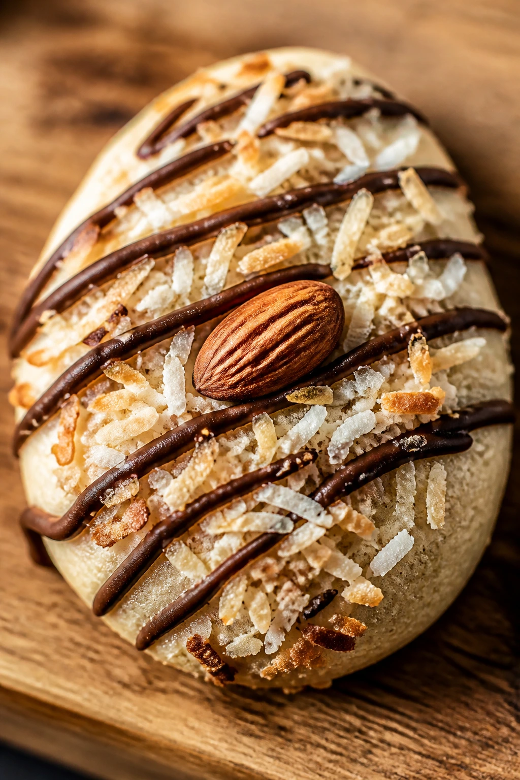 Close-up of a coconut-topped almond joy Easter egg cookie with chocolate drizzle
