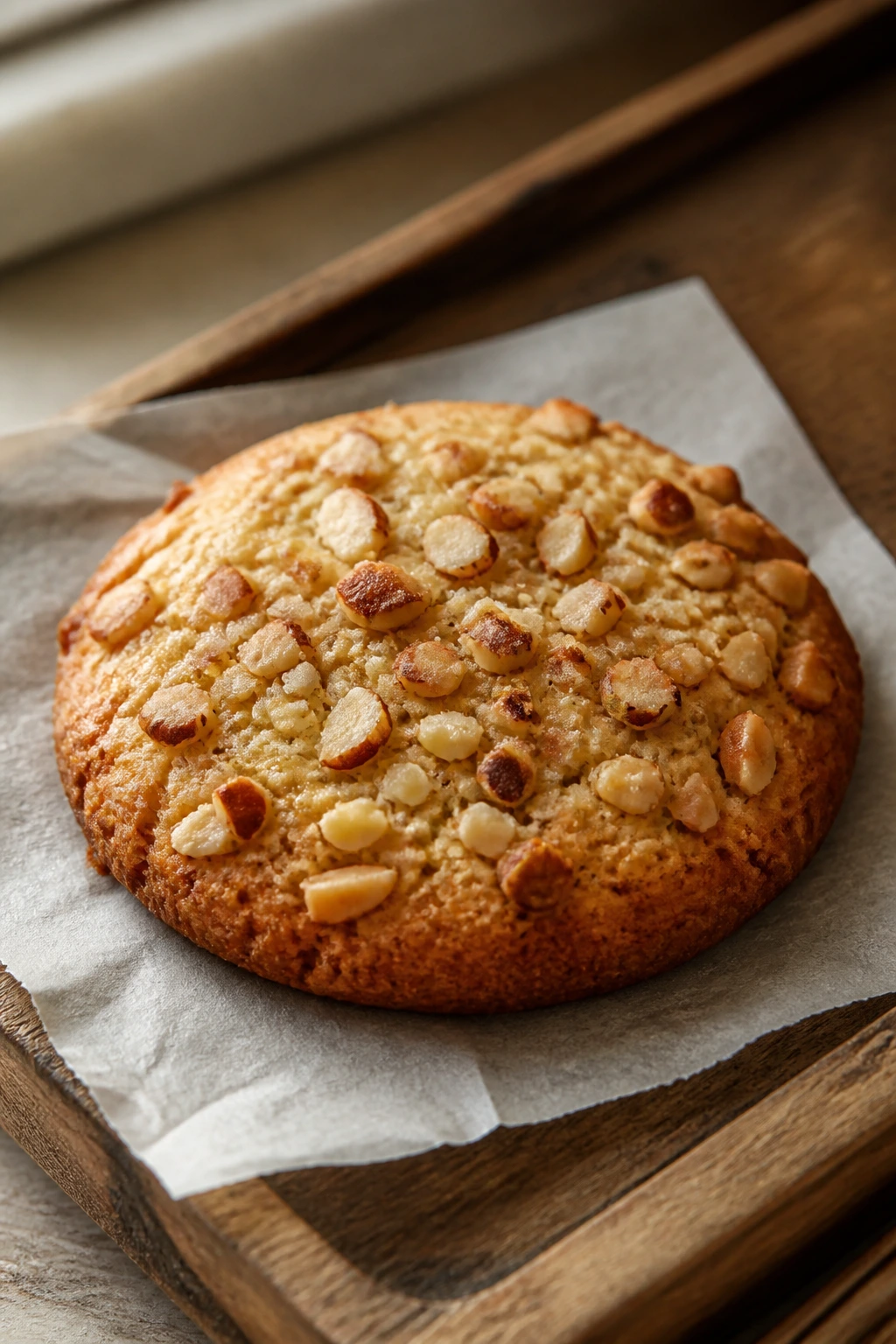 Close-up of almond cookie with almond pieces on parchment