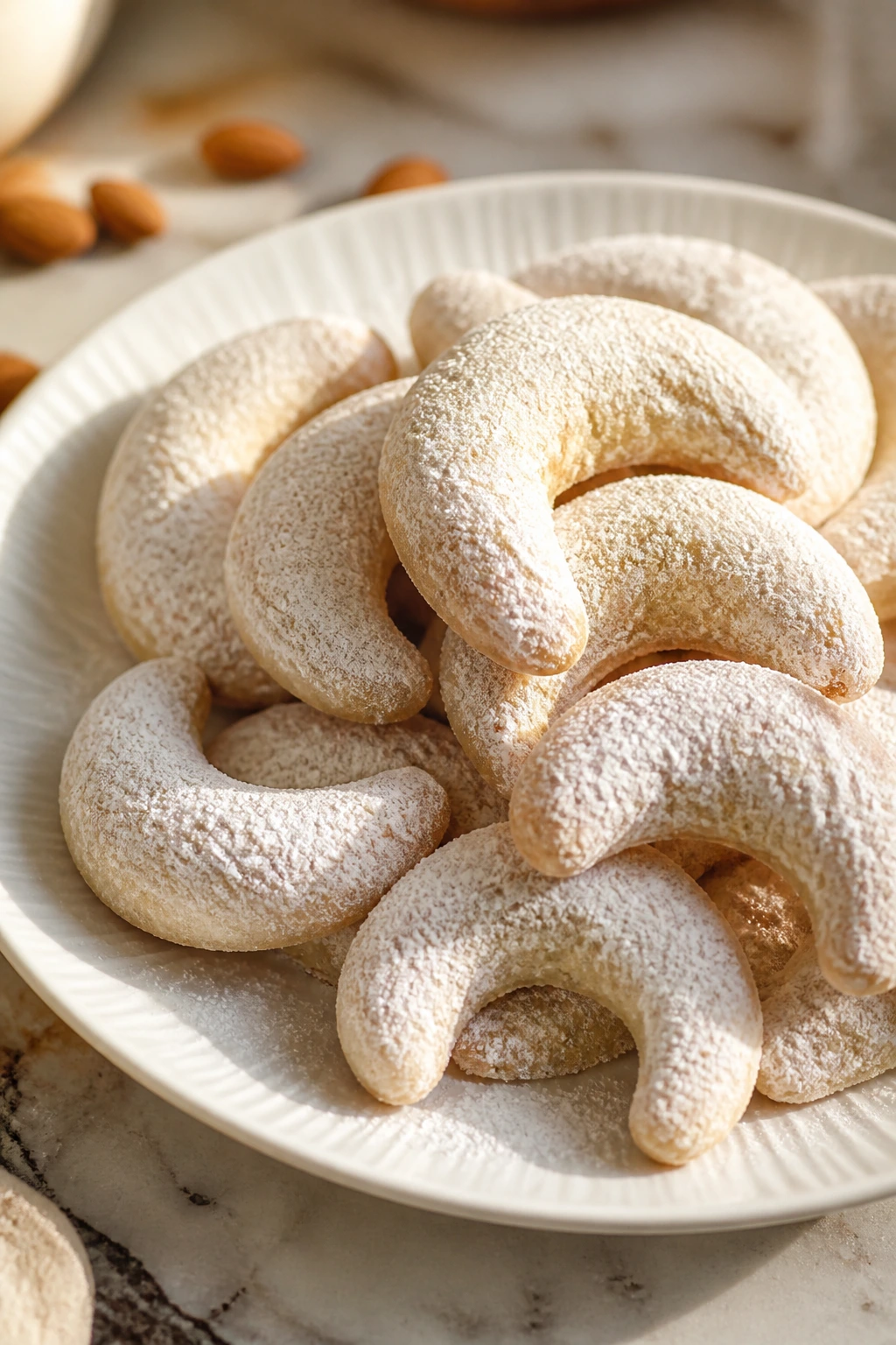 Pale almond crescents dusted with powdered sugar on a plate in a cozy kitchen