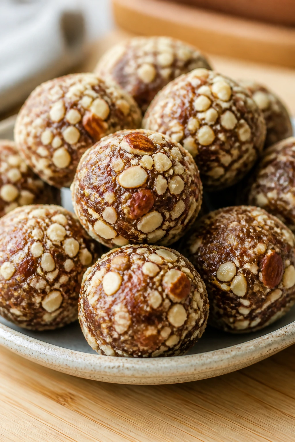 Almond-date energy bites on plate