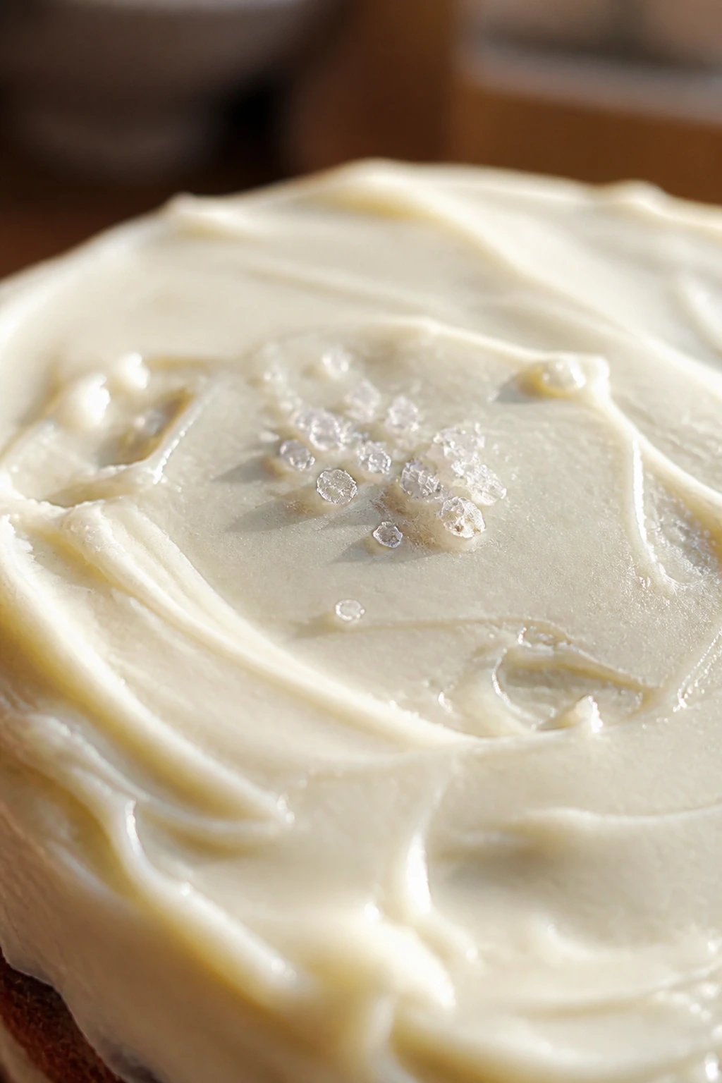 Macro shot of flaky salt on smooth cream cheese frosting