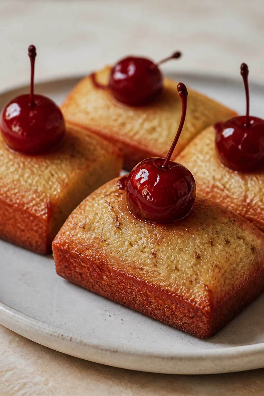 Close-up of almond financiers with glazed cherries on a plate