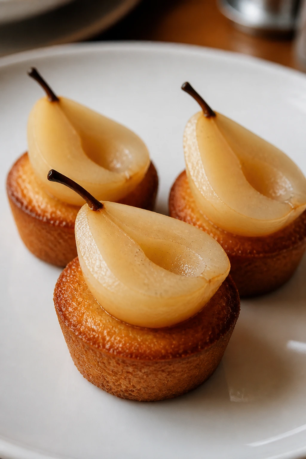 Close-up of almond financiers topped with a poached pear on a plate