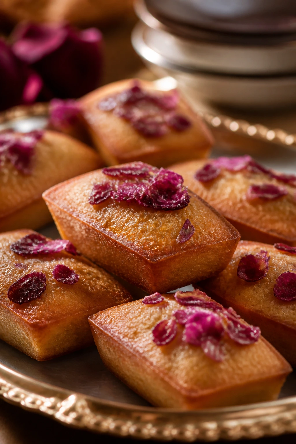 Golden almond financiers topped with candied rose petals on a plate