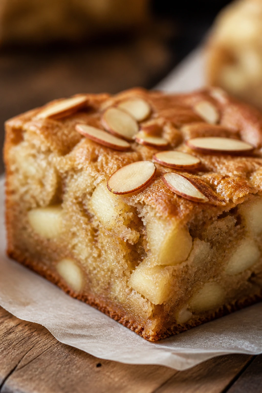 Close-up of an almond flour apple brownie square with apple pieces and almond slices on a wooden board