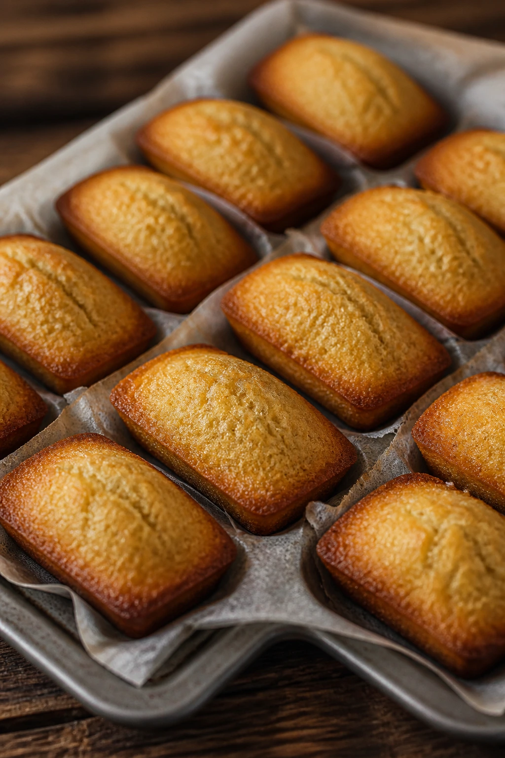 Close-up of golden almond flour financiers in a parchment-lined tray on a wooden countertop
