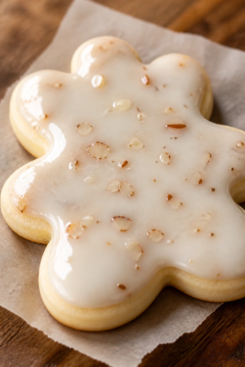 Close-up of almond glaze cutout cookie with glossy finish in warm kitchen.