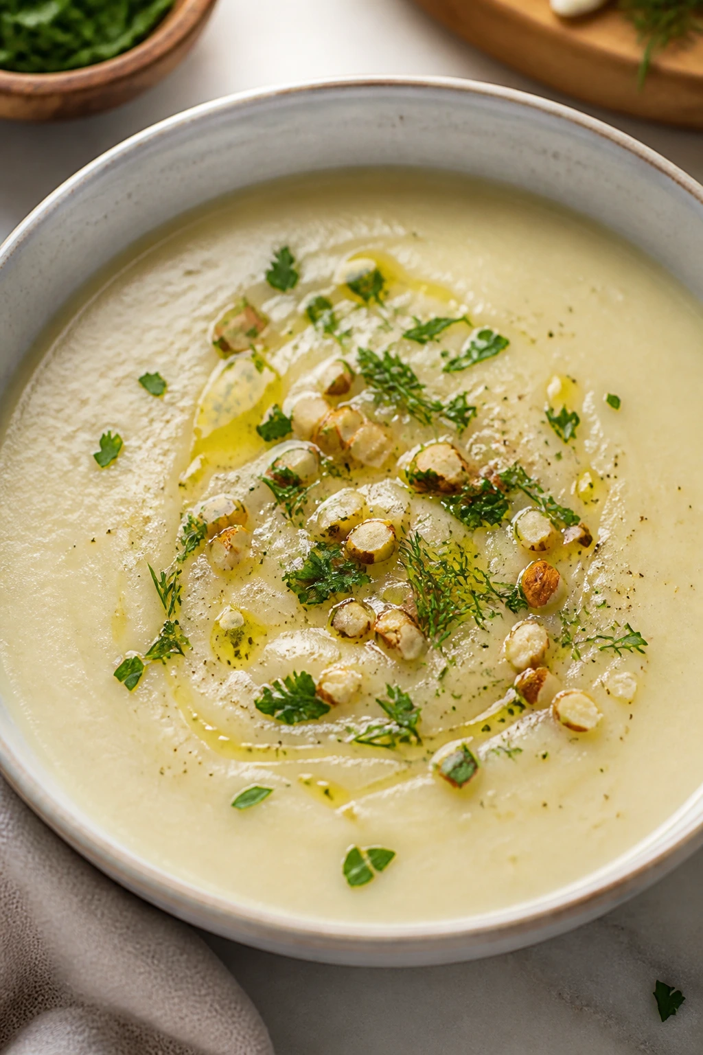 Velvety almond-herb cauliflower soup in a bowl with parsley and dill flecks