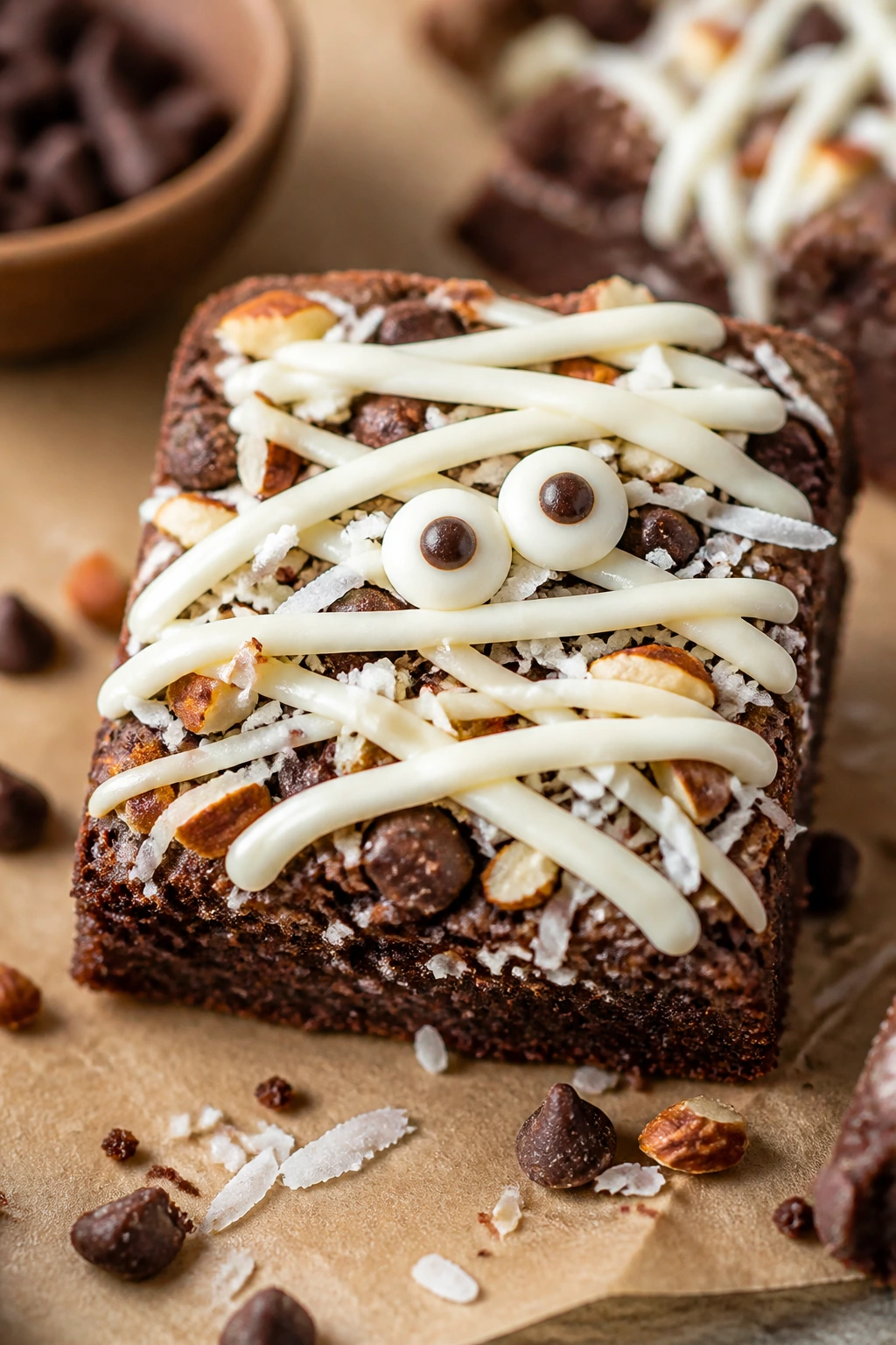 Close-up of Almond Joy Mummy Brownies with coconut and almonds