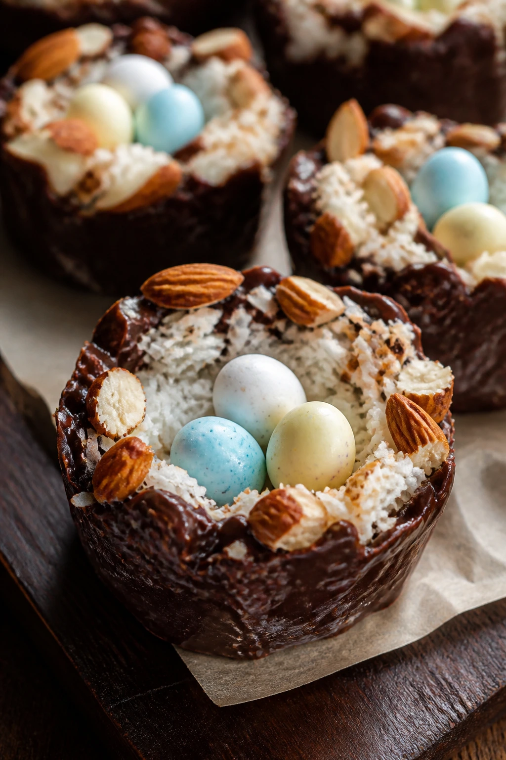 Close-up of almond joy coconut nest with candy egg center