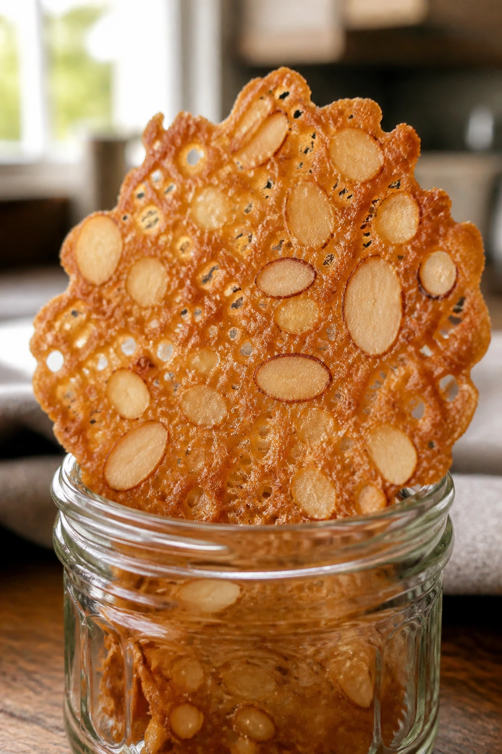 Close-up of an almond lace cookie in a glass jar on a wooden kitchen counter