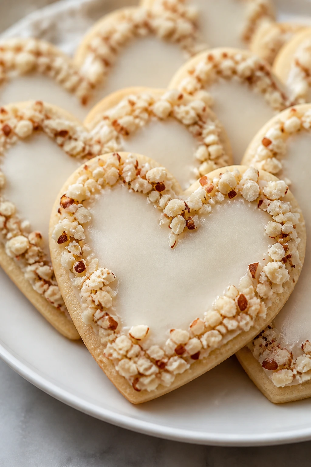 Almond lace heart cookies with glaze on plate
