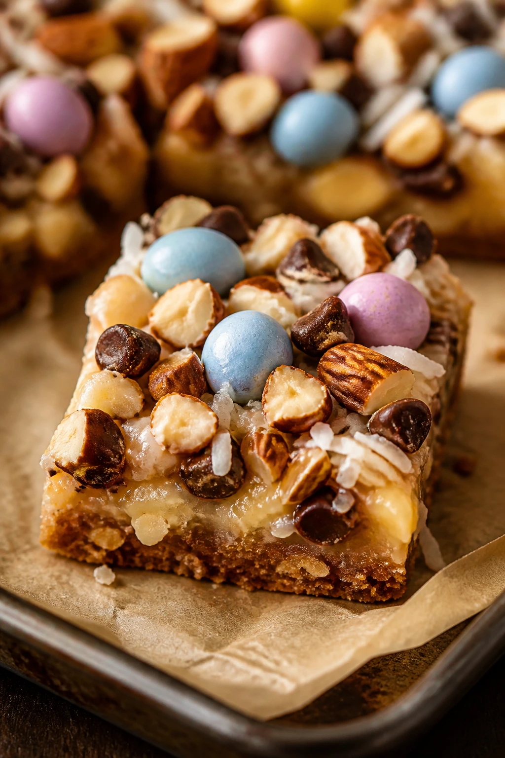 Close-up of almond magic bar with pastel candy on top.