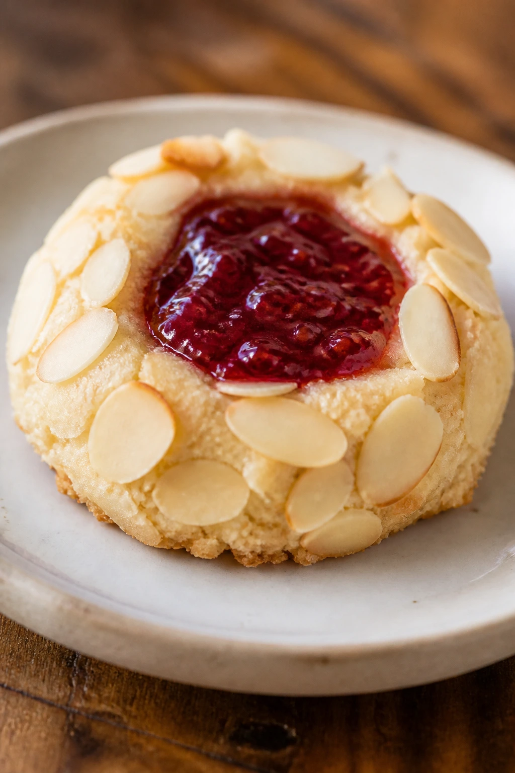 Close-up of almond raspberry thumbprint cookie with jam center