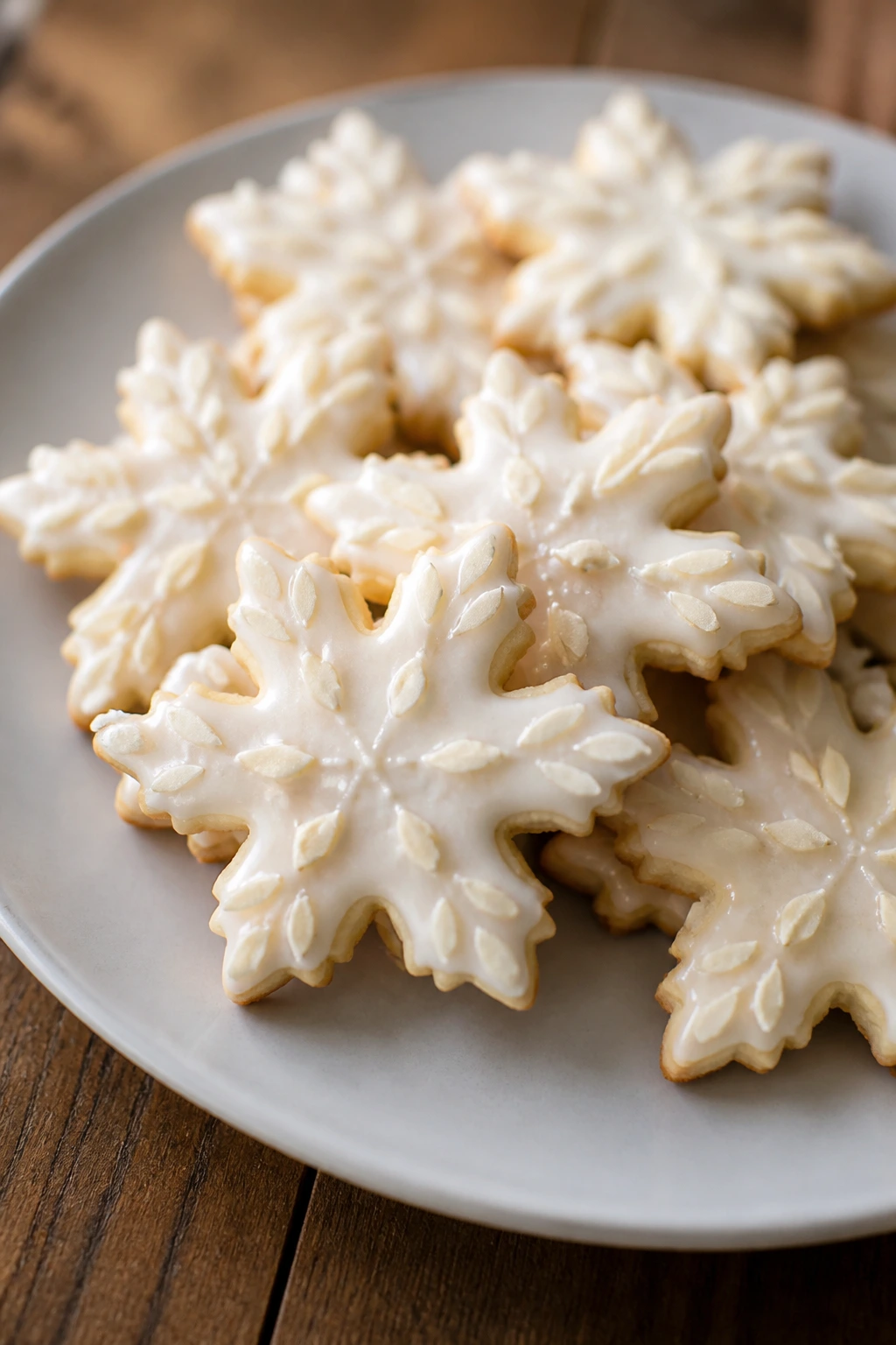Close-up of almond snowflake cookies with a light glaze on a pale plate
