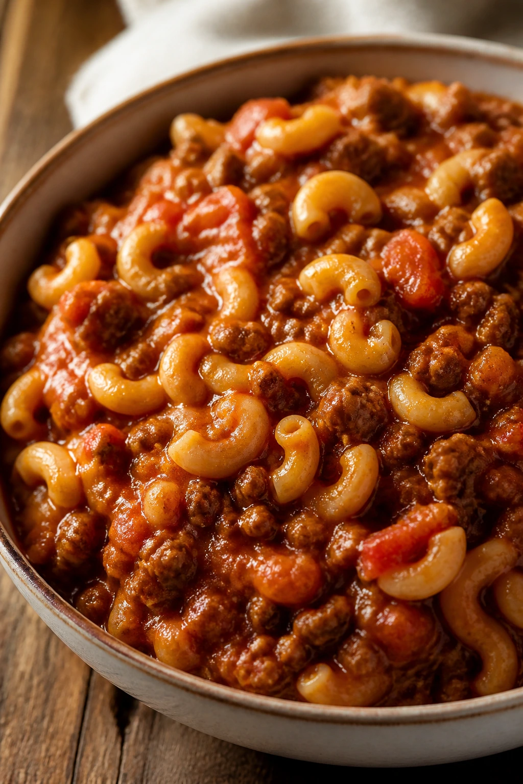 Bowl of beef goulash with pasta in a homey kitchen