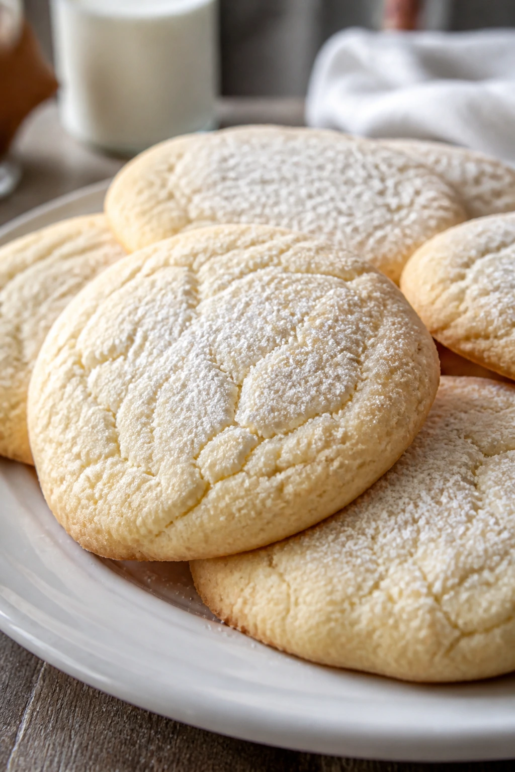 Soft Amish sugar cookies with powdered sugar on a plate
