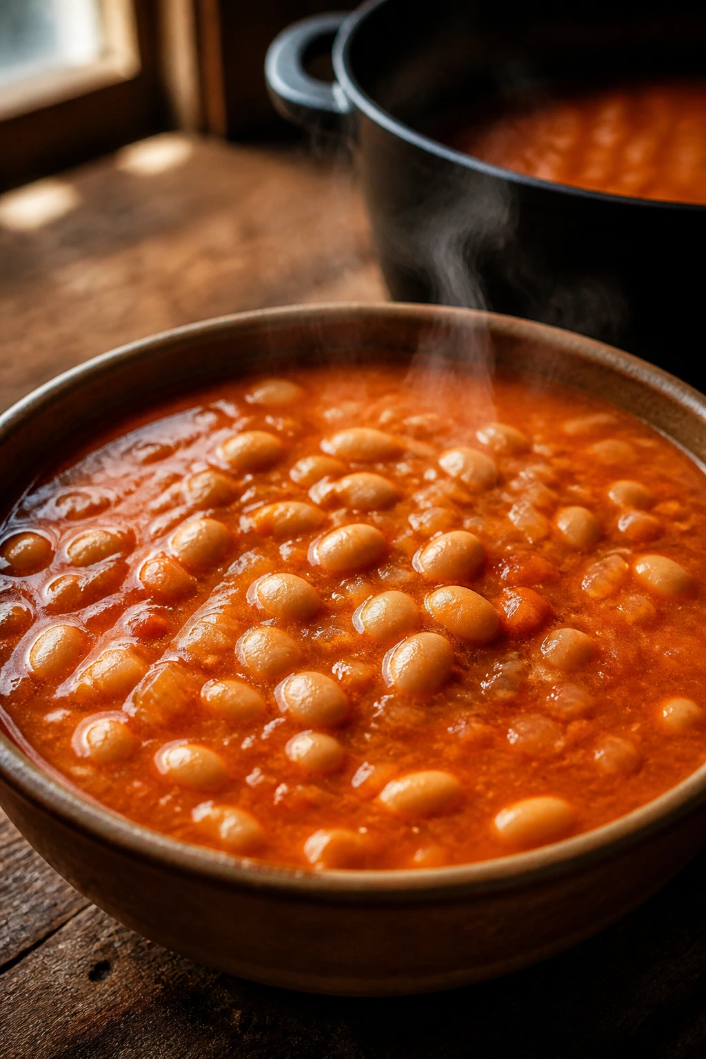 Steaming bowl of Anasazi bean and tomato soup with beans and tomatoes visible