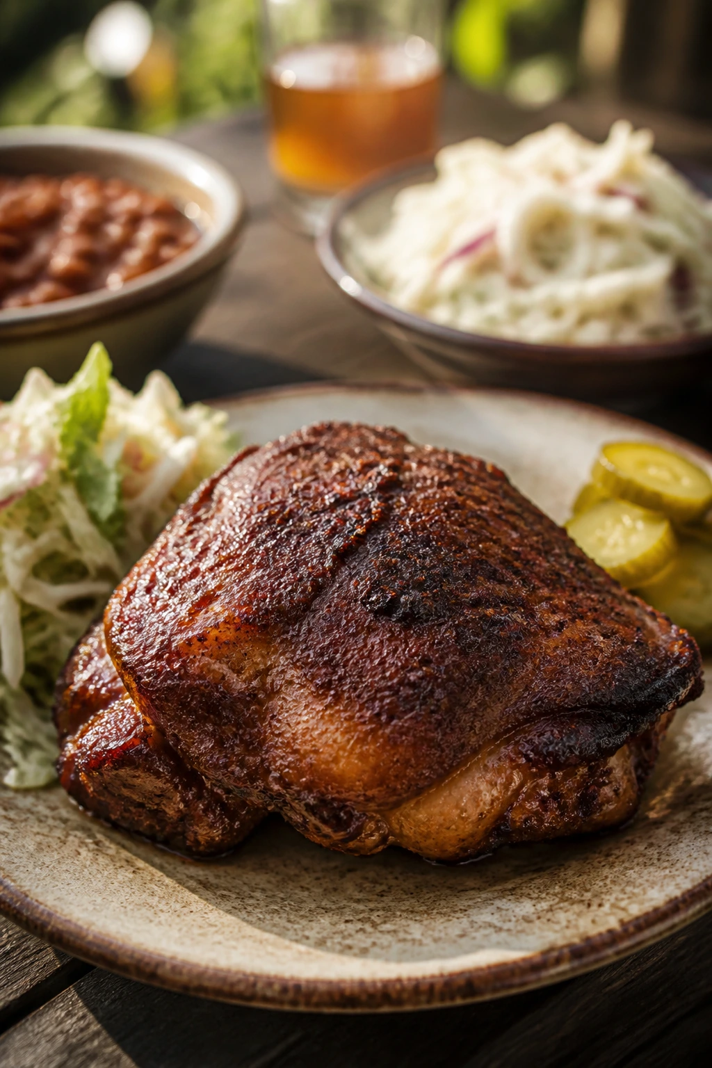 Juicy anchor chicken thigh on a rustic outdoor plate with crispy skin