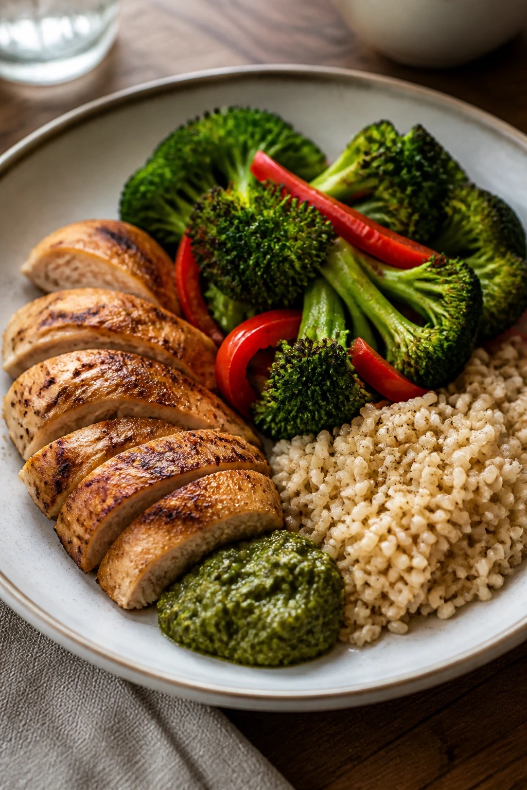 Plate showing anchor fill finish concept with protein, vegetables, and starch