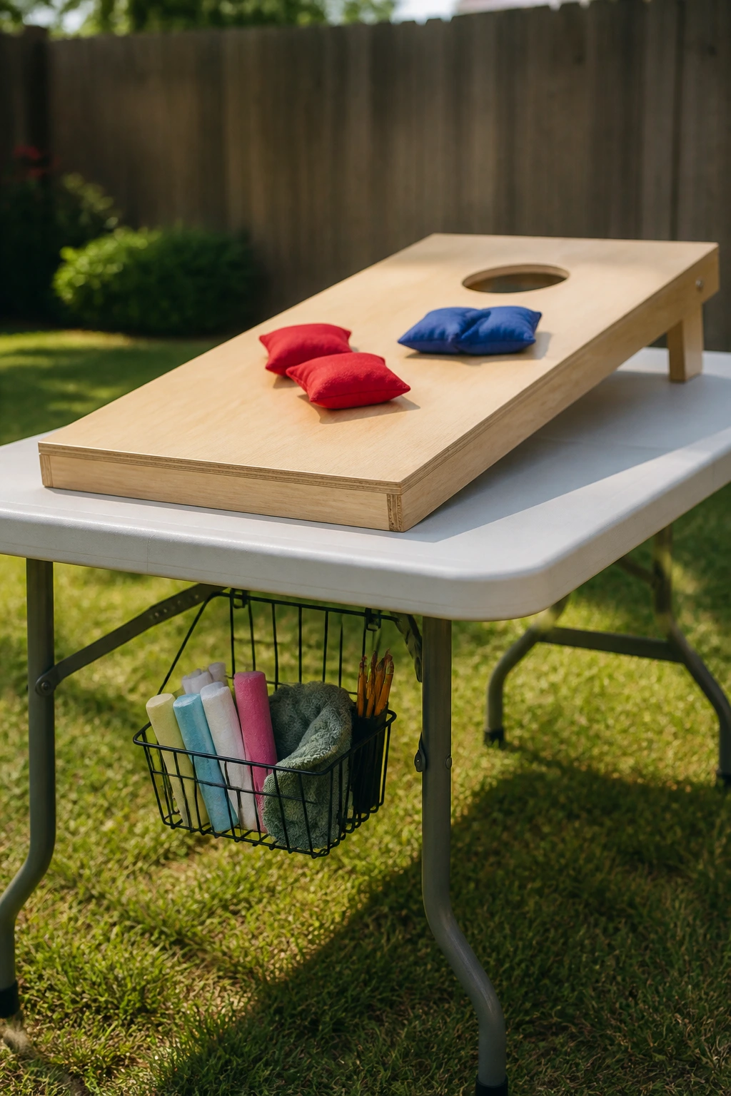 Tidy backyard table with anchor game and simple accessories