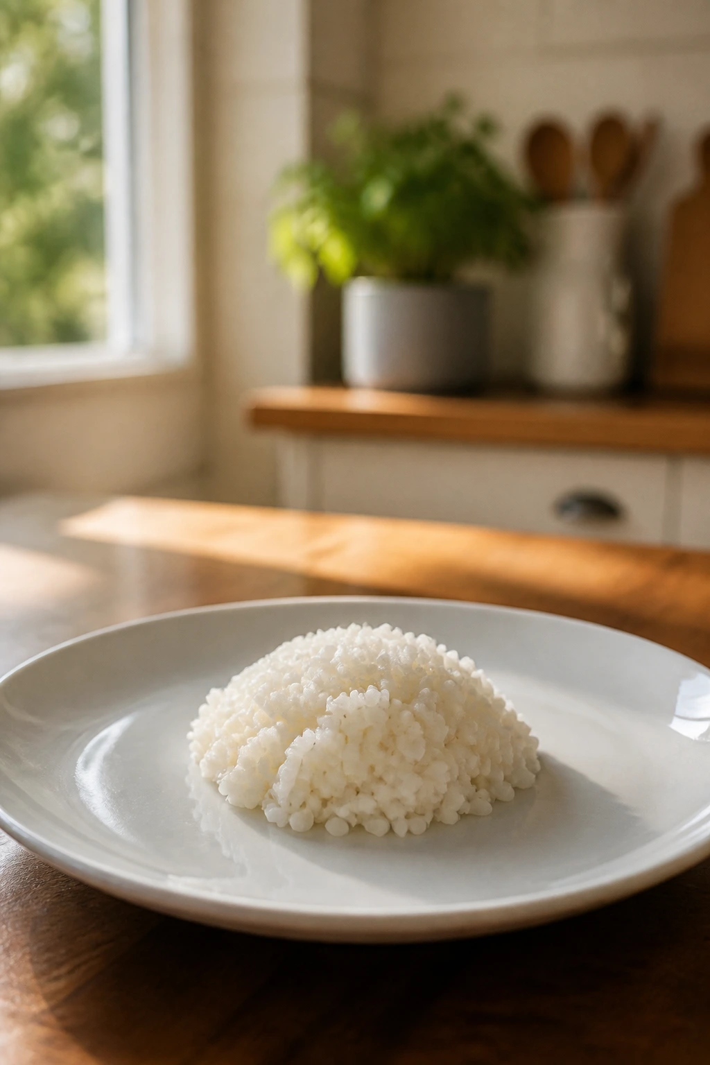 Close-up of anchor rice on dinner plate in a warm kitchen