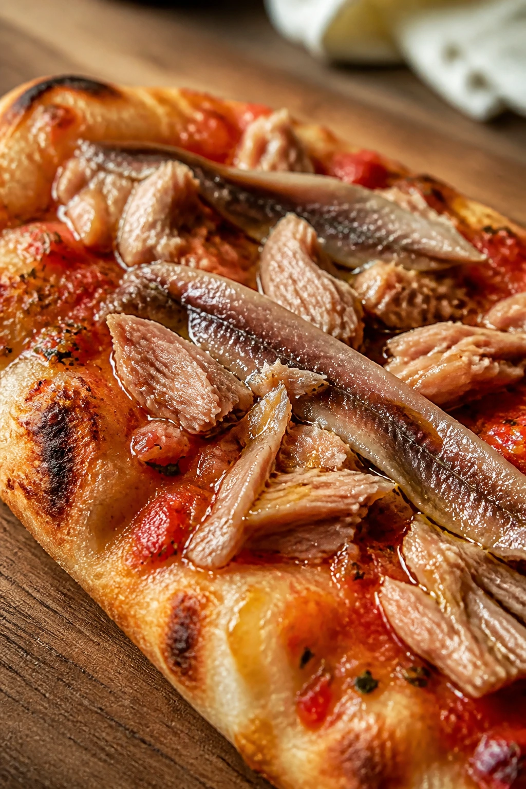 Anchovy fillets and tuna on a sauce-topped pizza slice.