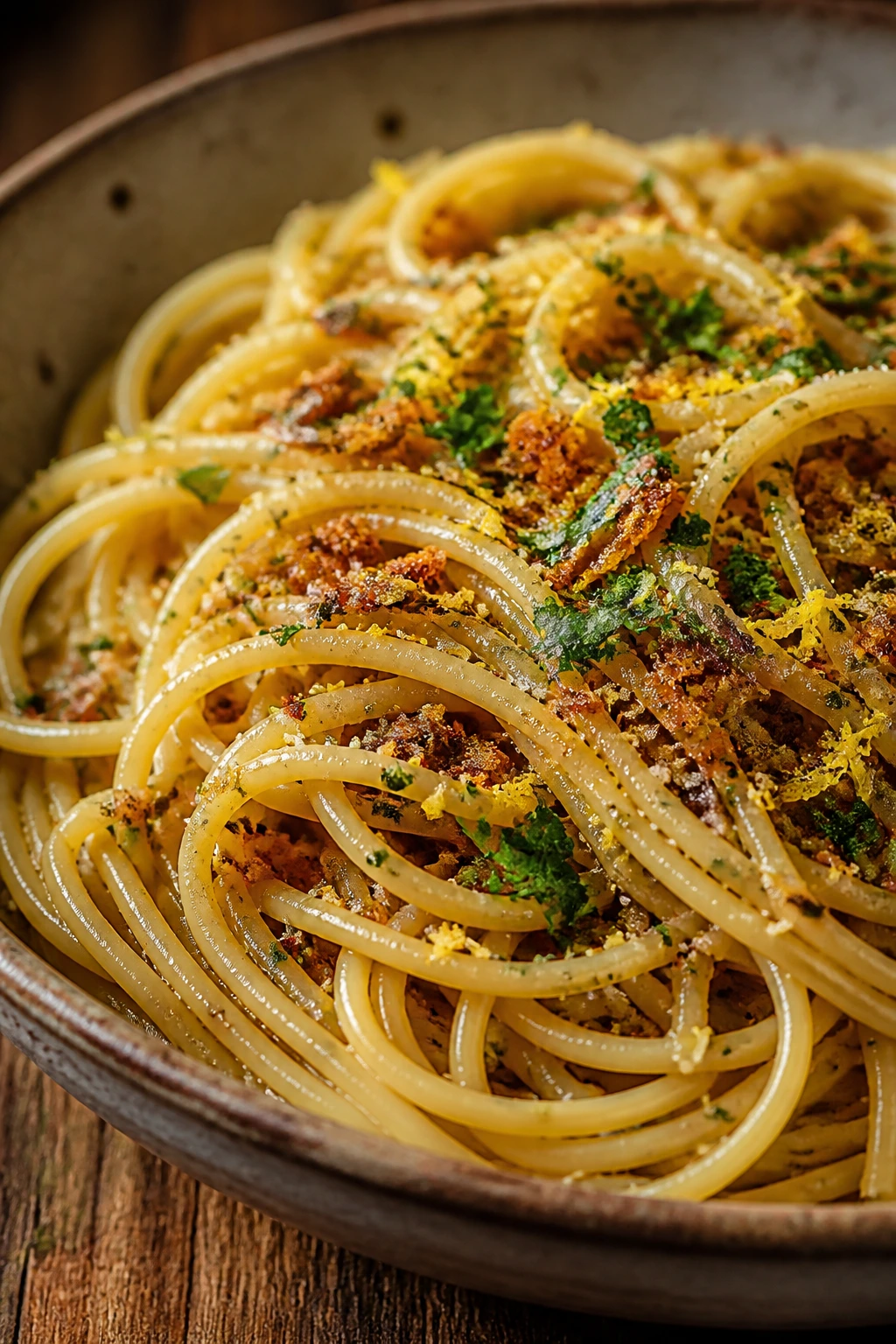 Close-up of anchovy breadcrumb pasta with lemon zest