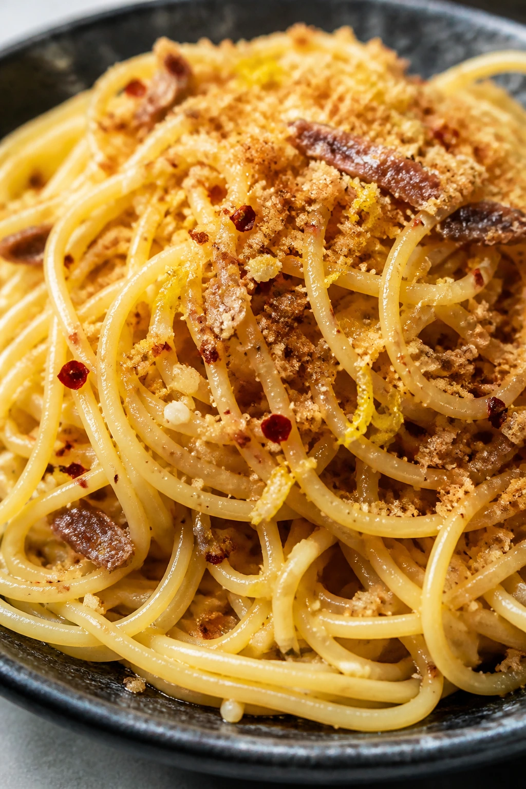 Plated anchovy breadcrumb pasta with lemon zest