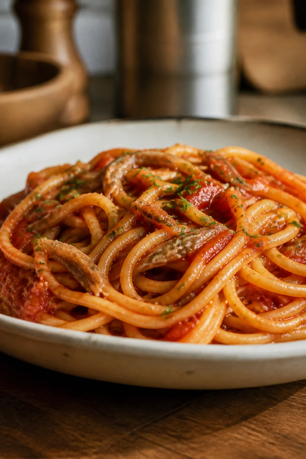 Spaghetti with tomato anchovy sauce